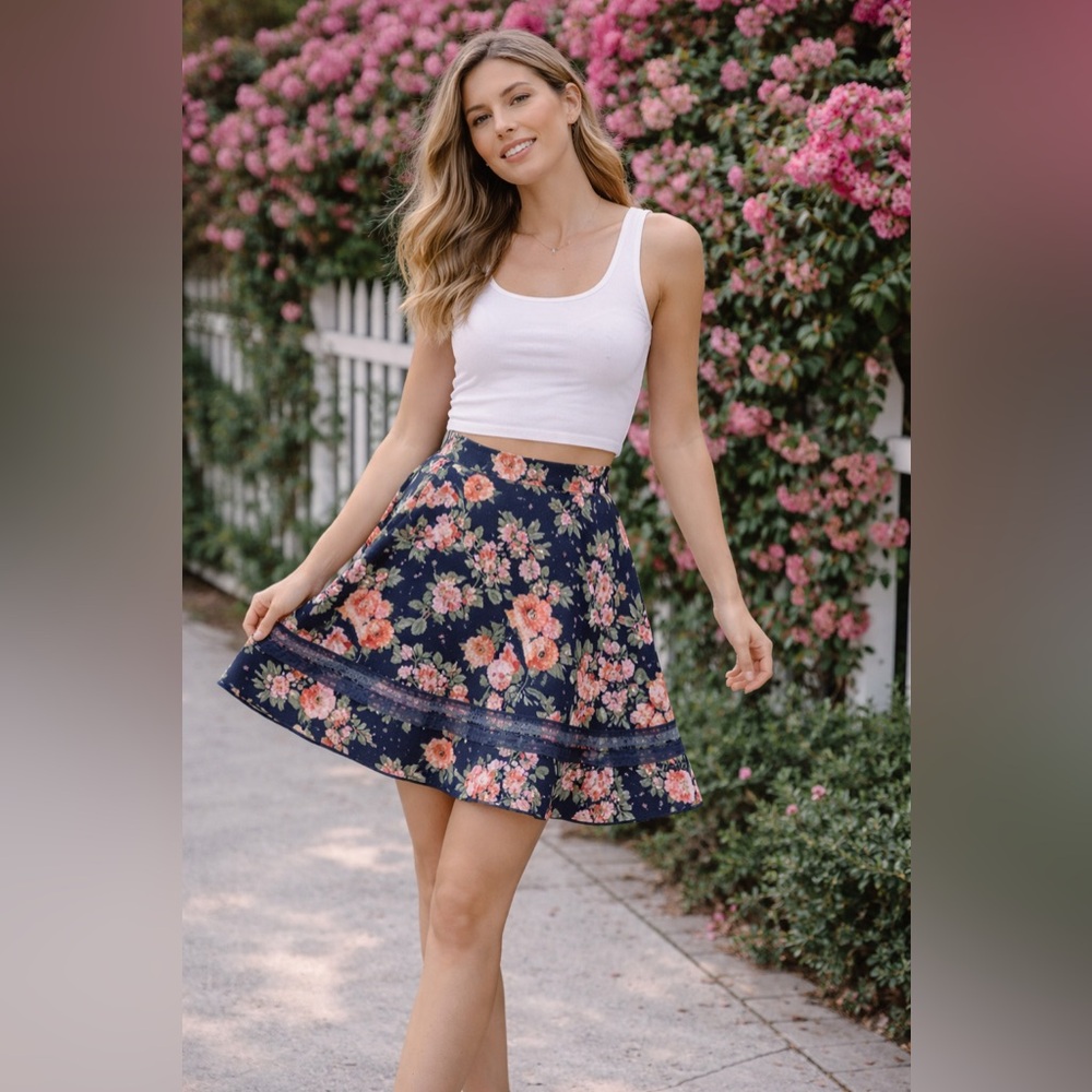 Faith and Joy Floral Skater Skirt Women’s Large Navy Blue High Waist Fit Flare